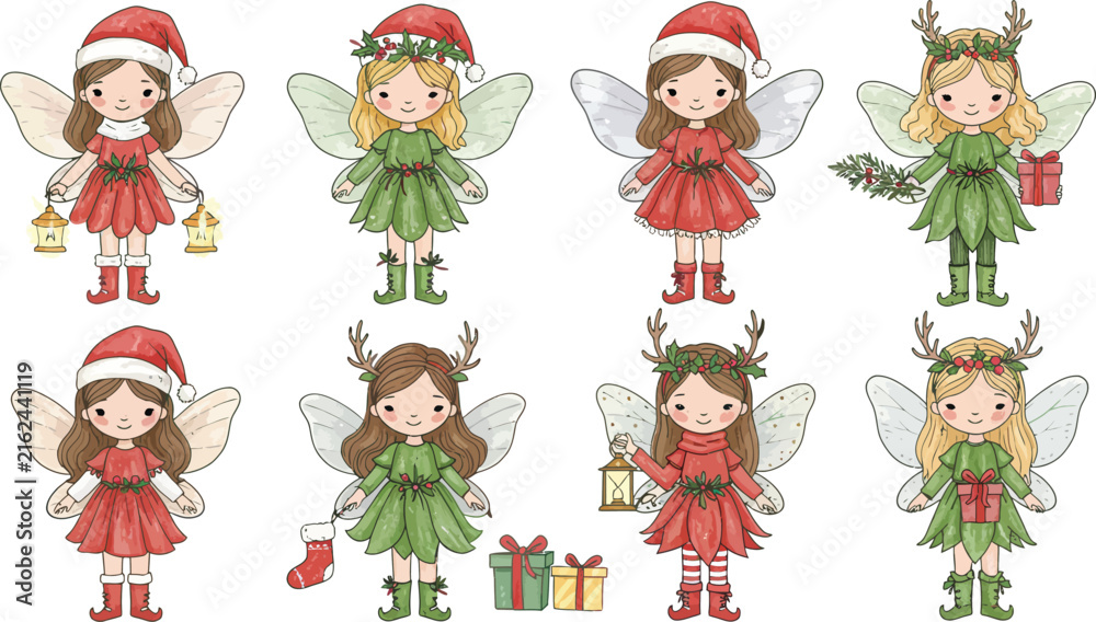 Fototapeta premium A collection of cute watercolor christmas fairies wearing festive outfits and holiday accessories isolated on a white background for seasonal greeting card design