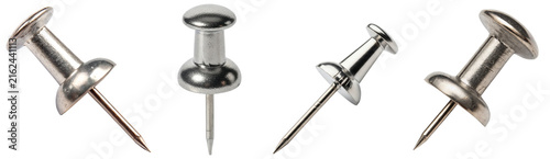 Konstfotografi Shiny silver pushpins in different angles, essential office supplies for fastening notes and papers