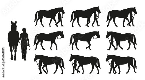 Silhouette illustration of a person walking a horse