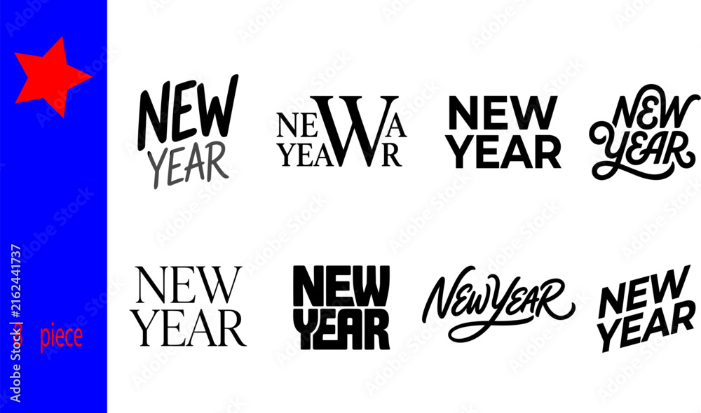 Fototapeta premium New Year Typography Set with Modern Bold and Handwritten Script Lettering 8 Piece