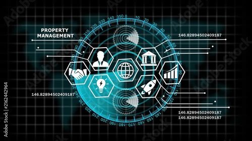 Advanced property management digital interface featuring animated global business futuristic hud radar scanning technology, data analytics graphs, and corporate network connectivity hud