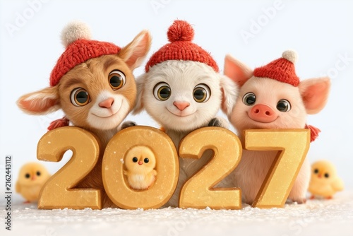 Four cute kittens wearing Santa hats beside New Year numbers, playful holiday group, cheerful festive greeting, Christmas card, Christmas, New Year.