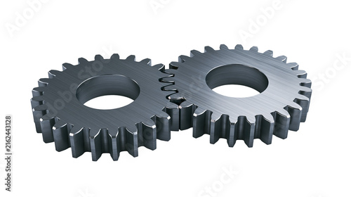 Two metallic gears meshing together, isolated on transparent background