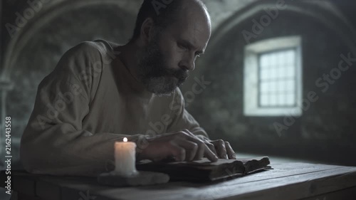 Medieval prisoner reading an ancient book and tracing text lines with a finger near a burning candle on a stone base on a wooden table inside a gloomy dungeon