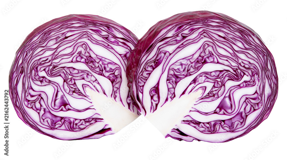 Fototapeta premium Two halves of a vibrant red cabbage showing intricate layers, isolated on transparent background