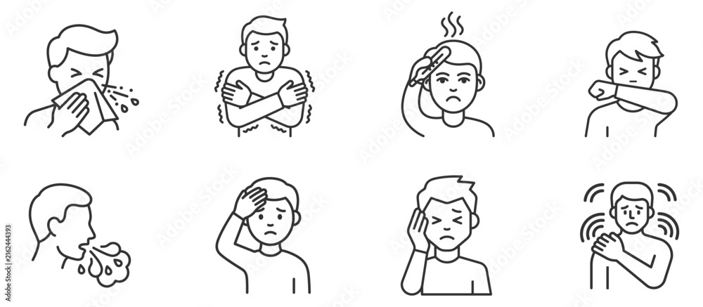 Obraz premium set of male line icons with cold and flu symptoms including sneezing coughing fever headache chills and pain on transparent background