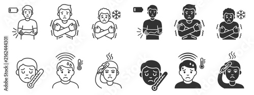 Fotografie set of male person icons with cold symptoms and fever in line and solid styles o