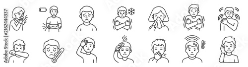 set of cold and flu illness symptoms line icons with isolated people on transparent background