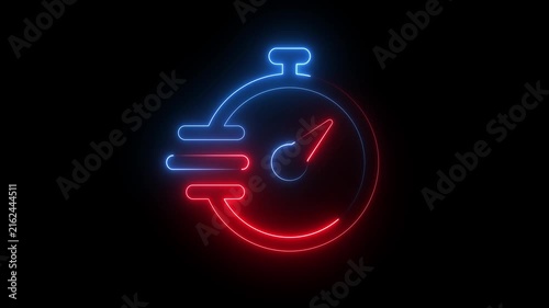 Glowing red blue neon stopwatch icon fast speed delivery timer symbol dark background.