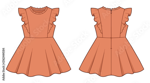 Kids Terracotta Ruffle Shoulder Dress Technical Fashion Sketch Front and Back View for Girls Apparel Design Children Flat Drawing Summer Garment