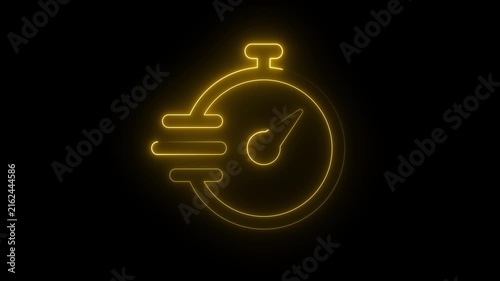 Glowing yellow neon stopwatch icon fast delivery speed timer symbol dark background.