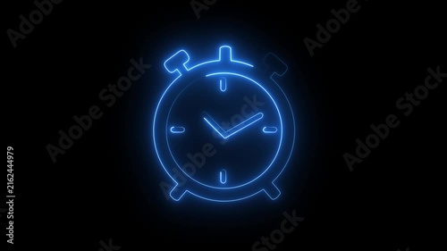 Glowing blue neon alarm clock icon timer watch deadline symbol dark background.