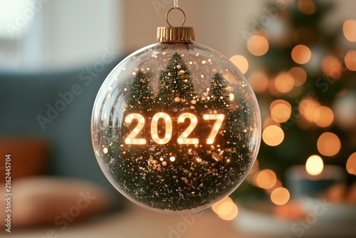 New Year numbers inside a festive glass ornament held by a hand, holiday decoration, elegant greeting, Christmas celebration, Christmas, New Year.