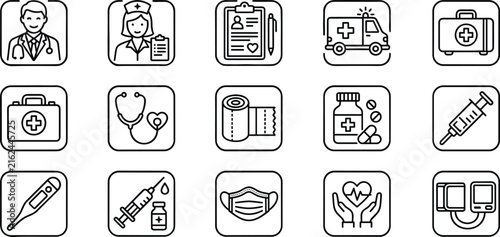 Medical healthcare hospital emergency icon set doctor nurse ambulance stethoscope syringe mask rounded square vector line art collection.