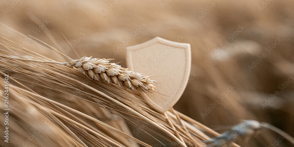 Fototapeta premium Golden wheat stalk resting against a blank beige shield in a sunlit field