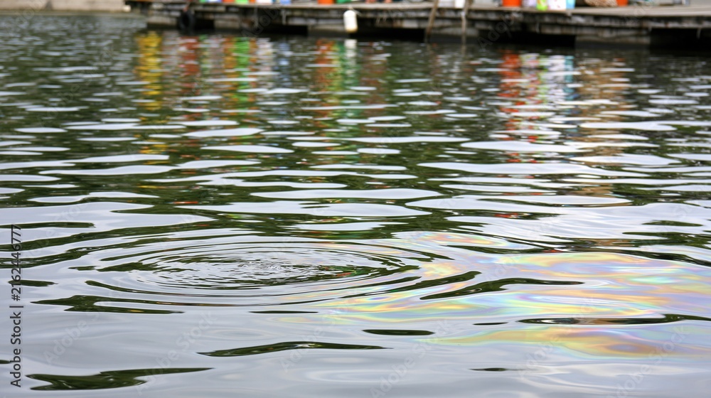 Naklejka premium Ripples on Water Surface with Colorful Reflections of a Dock, Reflecting Environmental Impact