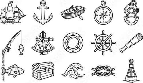 Nautical maritime ocean adventure icon set sailing ship anchor compass diving helmet steering wheel spyglass vector line art.