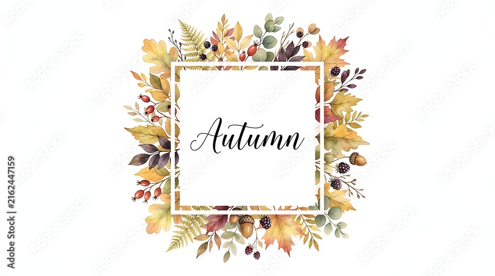 Fototapeta premium Watercolor autumn wreath with oak leaves, acorns, berries, and ferns, featuring a central square frame and script text