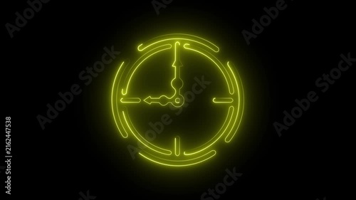 Glowing yellow neon clock icon time watch deadline schedule symbol dark background.