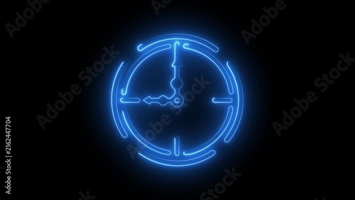Glowing blue neon clock icon time watch deadline schedule symbol dark background.