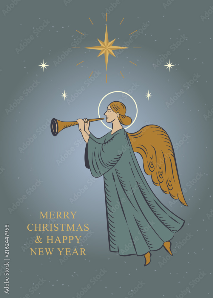 Fototapeta premium Vintage Christmas Angel with Trumpet Holiday Greeting Card