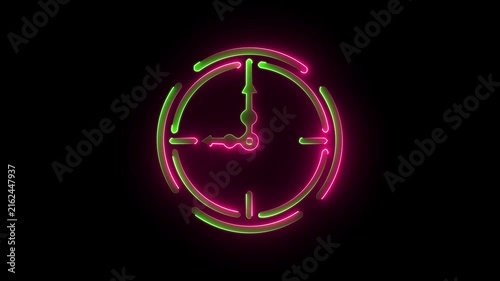 Glowing magenta green neon clock icon time watch deadline schedule symbol dark background.