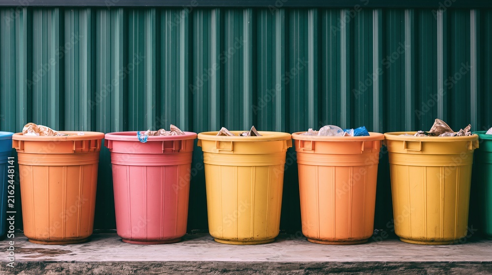 Naklejka premium Colorful row of recycling bins filled with waste against a green corrugated metal wall