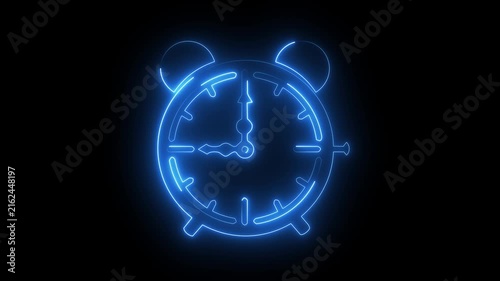 Glowing blue neon alarm clock icon timer watch deadline symbol dark background.