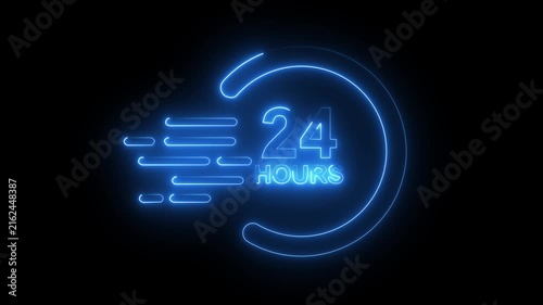 Glowing blue neon 24 hours fast delivery service icon speed symbol dark background.