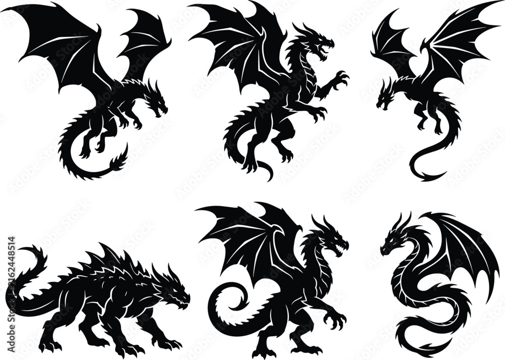 Fototapeta premium Set of six black dragon silhouettes in various flying and standing poses, isolated on a white background, for fantasy themed