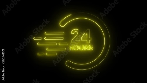 Glowing yellow neon 24 hours fast delivery service icon speed symbol dark background.