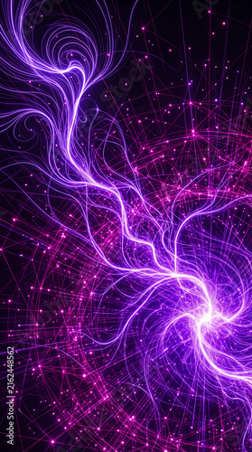 Swirling neon light trails in purple and pink against a dark background, representing energy flow and connection, abstract, digital art.