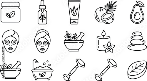 Organic skincare cosmetics natural beauty spa icon set face mask serum aloe coconut roller vector line art collection.