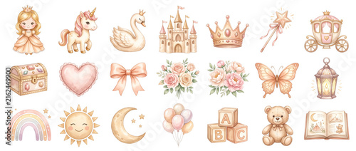 Fairy Tale Elements Collection: A whimsical collection of watercolor illustrations featuring a princess, unicorn, swan, castle, crown, wand, carriage, treasure chest, heart, bow, flowers, butterfly.