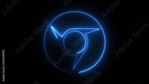 Glowing blue neon web browser icon internet logo shutter circle dark background.