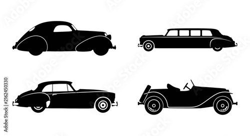 Four early vintage automobile silhouettes.