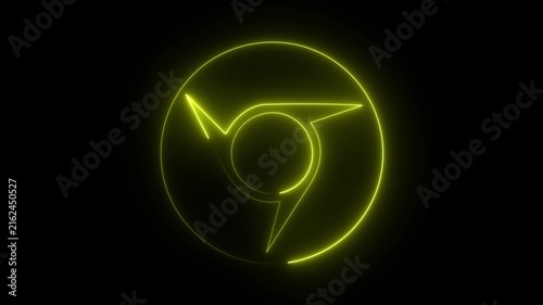 Glowing yellow neon web browser icon internet logo shutter circle dark background