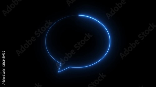 Glowing blue neon speech bubble icon chat message talk dialogue symbol dark background.