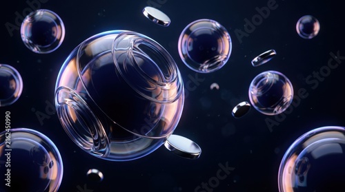 Abstract glass spheres and floating coins in dark virtual space.