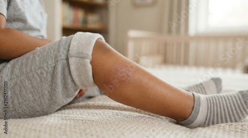 Man recovering from knee injury with ice pack and compression bandage