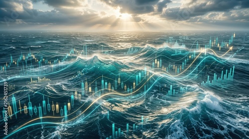 Financial market charts and graphs superimposed over stormy ocean waves with sun rays breaking through clouds.