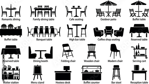 Restaurant furniture and dining layout icon set with black vector silhouettes for bistro cafe banquet buffet and hospitality seating arrangement.