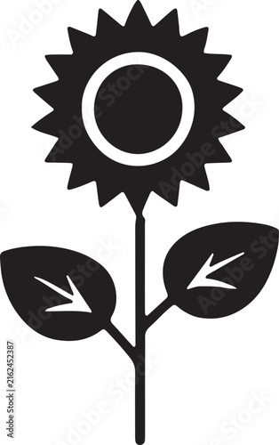 Sunflower silhouette vector icon graphic showing plant stem and leaves and flower leaf veins