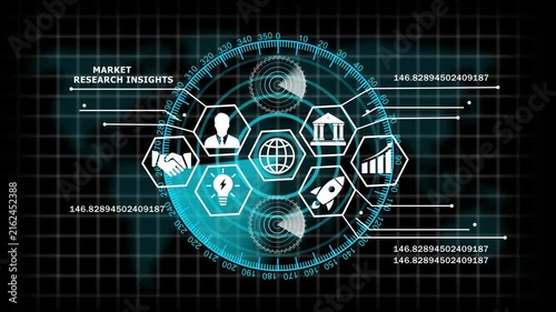 Advanced digital market research insights hud interface featuring global business analytics, financial growth metrics, and futuristic data visualization for corporate strategy and tech presentations