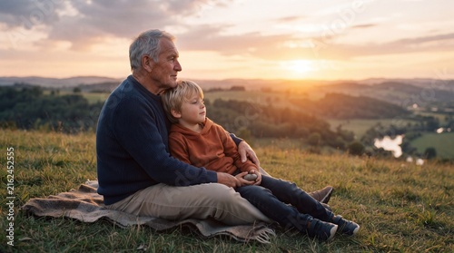 Grandfather and Grandson Sharing a Peaceful Moment in Nature at Sunset
