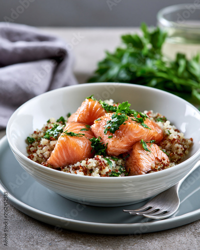 Tiny salmon quinoa bowl with fresh herbs on porcelain showcasing GLP1 friendly mini meal nutrition satiety wellness and luxury food styling