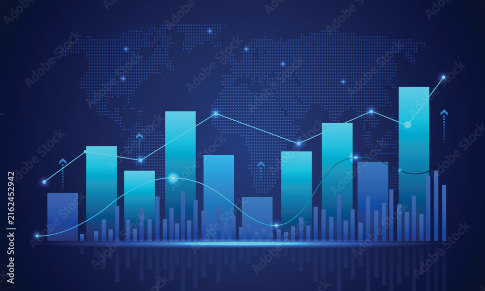 Naklejka premium Global Financial Market Data Visualization with Blue Bar Chart and Line Graph, Business Analytics, Investment Performance, Economic Statistics and Digital Technology Concept