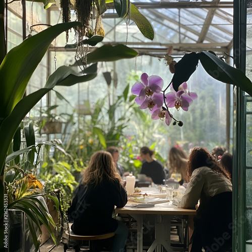 Tranquil indoor garden cafe featuring vibrant plants and patrons savoring a peaceful dining experience