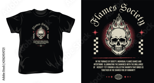 Flames society skull graphic design with checkered pattern for streetwear.