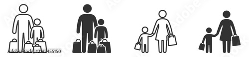 shopping family icon set in black and white vector illustration on transparent background